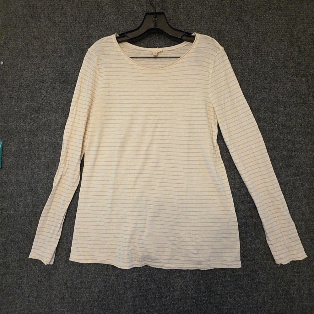 Eileen‎ Fisher Shirt Womens XS White Striped Scoop Neck Long Sleeve Jersey Top